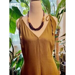 NWT LG Linen Dress Khaki Green With Shoulder Ties W/ Matching VTG Wood Necklace